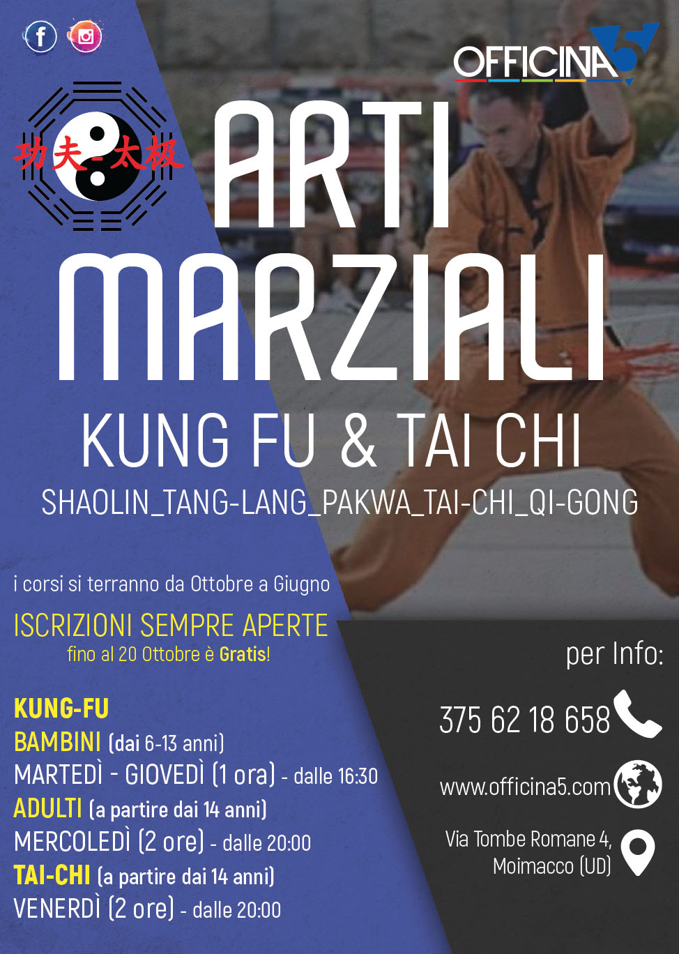 Iscrizioni aperte per i corsi di Arti Marziali (kung-fu e tai-chi) in palestra a Ipplis di Premariacco